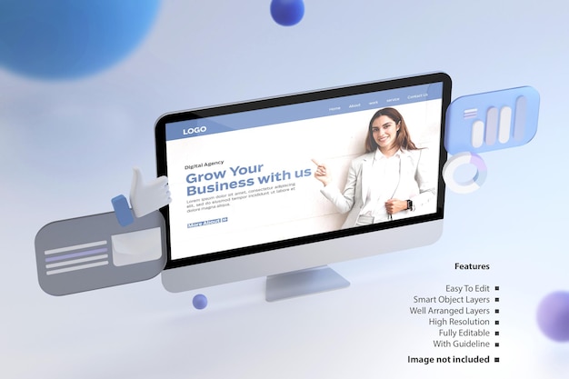 ビジネス成長ウェブサイトプレゼンテーションテンプレート編集可能なpsdを備えたデスクトップモックアップ