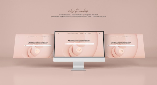 分離されたウェブサイトのプレゼンテーションのモックアップとデスクトップモニター画面