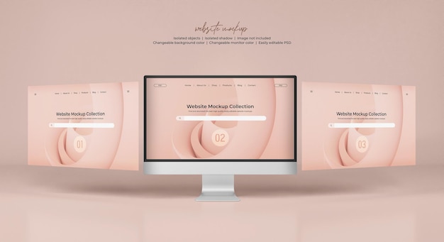 Schermo del monitor desktop con mockup di presentazione del sito web isolato