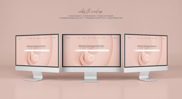 Desktop monitor screen with website presentation mockup isolated