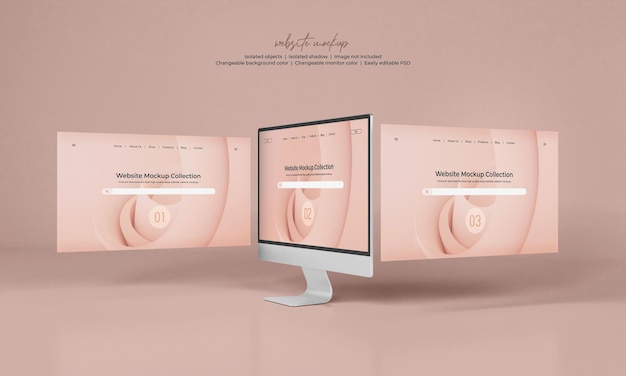PSD 分離されたウェブサイトのプレゼンテーションのモックアップとデスクトップモニター画面