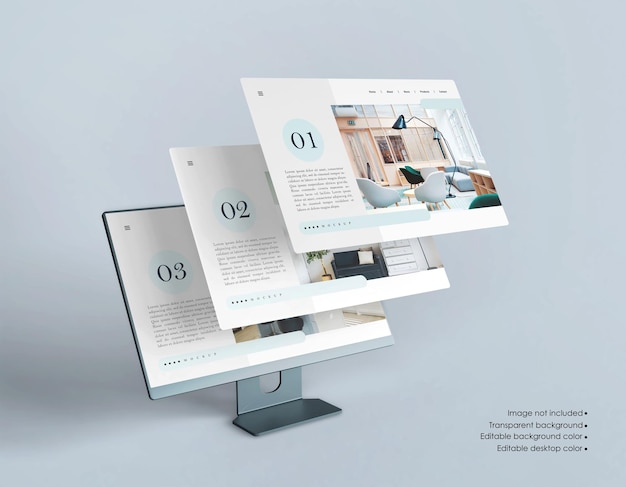 分離されたウェブサイトのプレゼンテーションのモックアップとデスクトップ画面