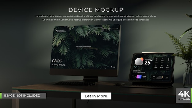 Mockup desktop e tablet con vaso e vegetazione completamente modificabile premium psd