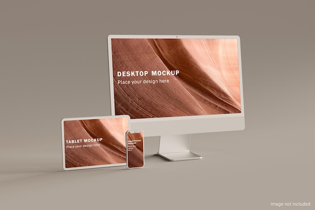 PSD desktop tablet smartphone mockup warm lighting - perspective view