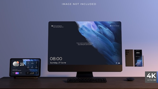 Desktop Tablet Smartphone-schermmodel met muis Toetsenbord 3D Render