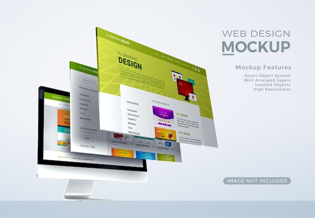 PSD desktop con mockup di web design con schermo 3d