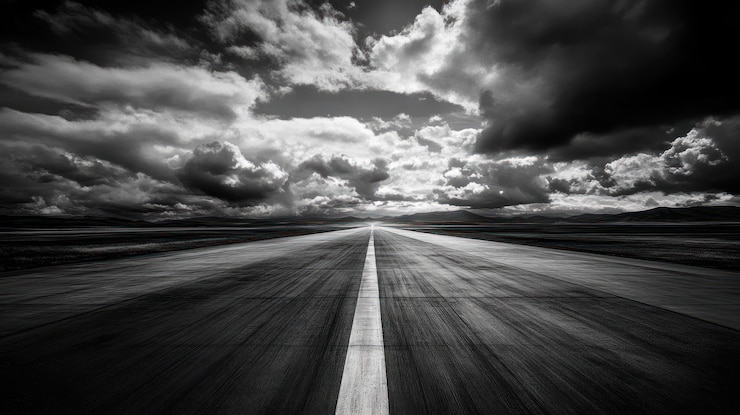 PSD a desolate road stretching into a cloudy horizon