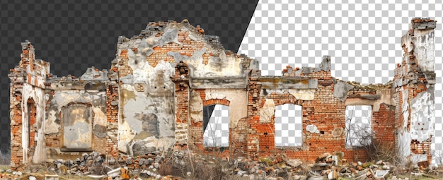 PSD Пустынные руины разрушенного здания на прозрачном фоне.