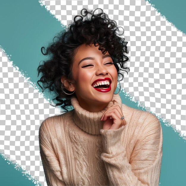 PSD a despairing adult woman with kinky hair from the southeast asian ethnicity dressed in skating in the rink attire poses in a laughing with hand covering mouth style against a pastel cream ba