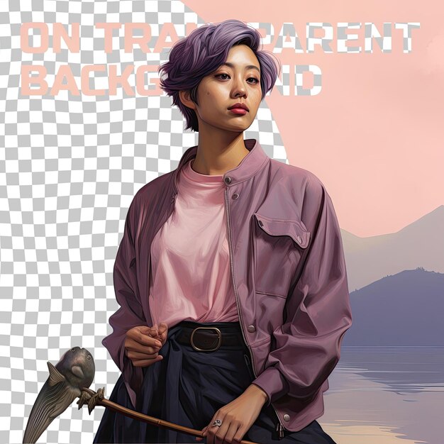 PSD a despairing adult woman with short hair from the east asian ethnicity dressed in fishing by the lake attire poses in a chin on hand style against a pastel mauve background