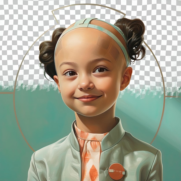 PSD a despairing child girl with bald hair from the hispanic ethnicity dressed in mathematician attire poses in a tilted head with a grin style against a pastel mint background