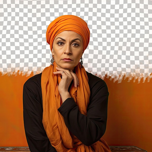 PSD a despairing middle aged woman with bald hair from the middle eastern ethnicity dressed in blacksmith attire poses in a pensive look with finger on lips style against a pastel tangerine bac