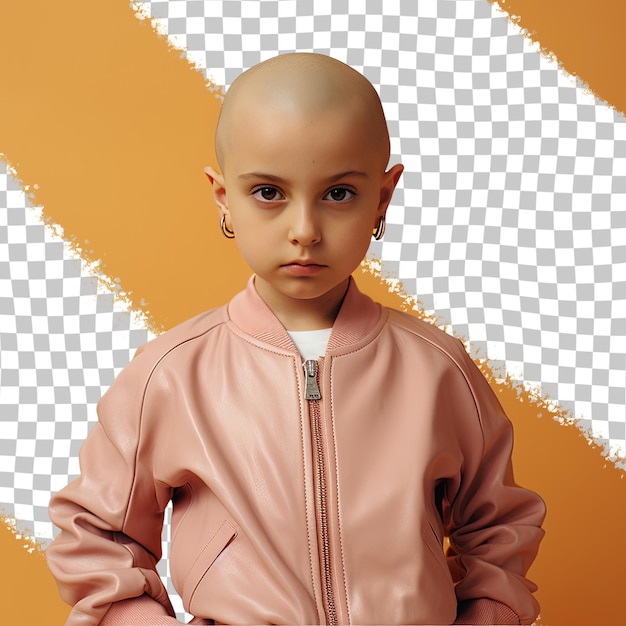 A despairing toddle girl with bald hair from the west asian ethnicity dressed in coach attire poses in a chin on hand style against a pastel peach background