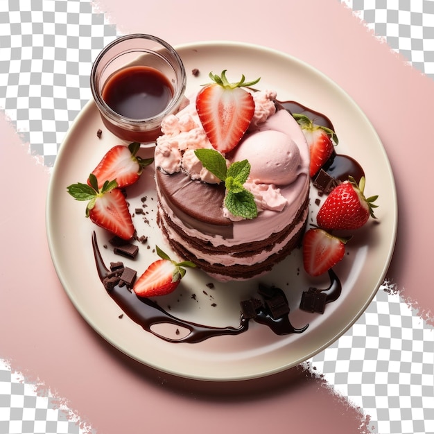 PSD dessert bestaande uit ijs, chocoladetaart en aardbeien sap, van bovenaf gezien op een zwarte schotel op een transparante achtergrond in een restaurant