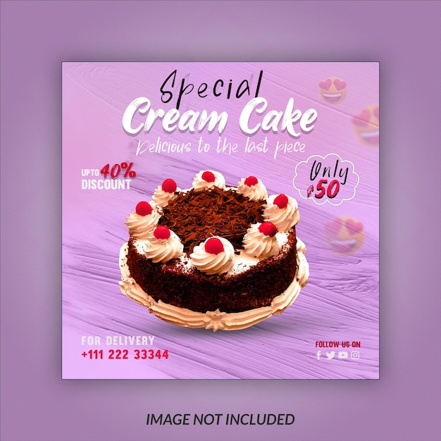 PSD Десерт, сладкий кремовый торт, пост в социальных сетях, шаблон баннера instagram
