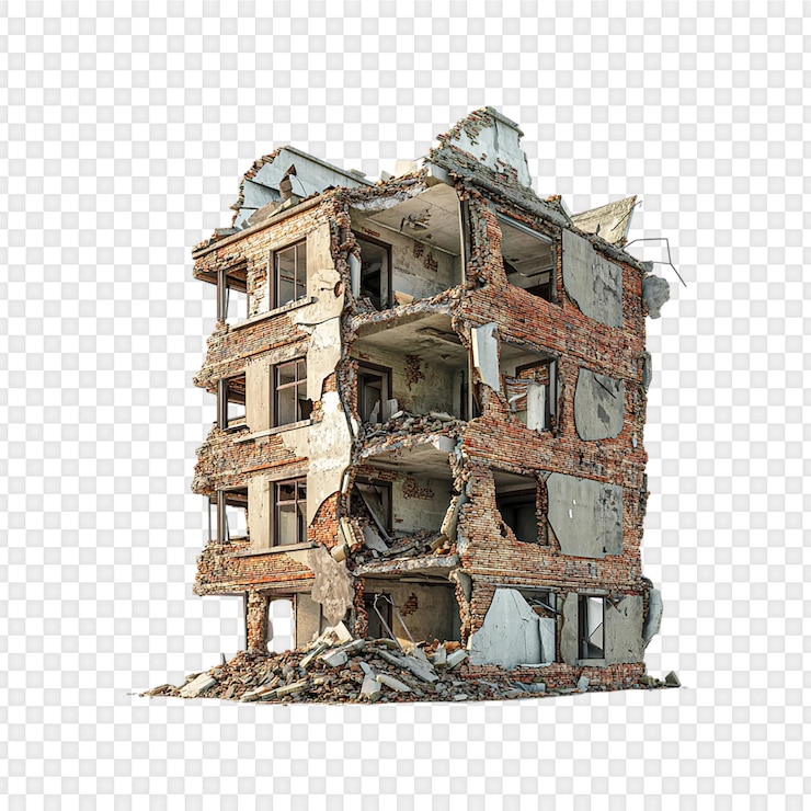 PSD destroyed building after disaster isolated on transparent background