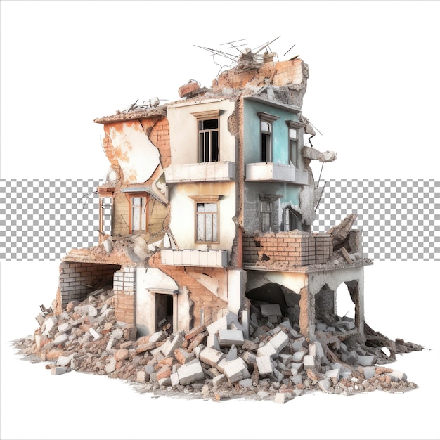 PSD destroyed building after earthquake isolated on white background generative ai demolished building