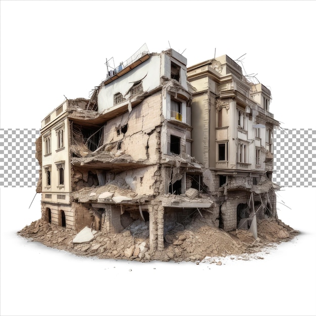 PSD destroyed building after earthquake isolated on white background generative ai demolished building