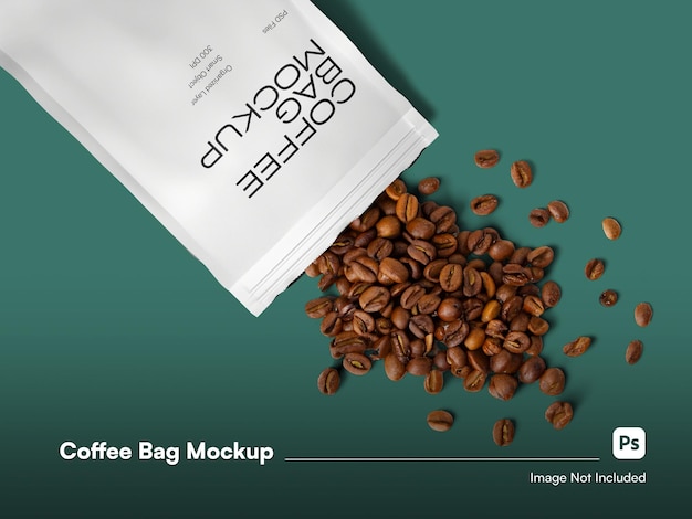 Detail view modern coffee bag mockup 3d isolated with realistic coffee beans