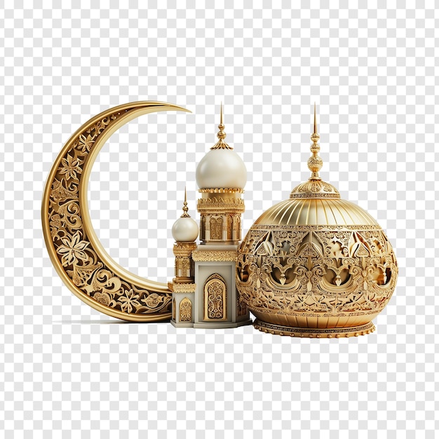 Moschea e luna del ramadan renderizzati in 3d dettagliate con accenti intagliati in oro temi del ramadan isolati in 3d