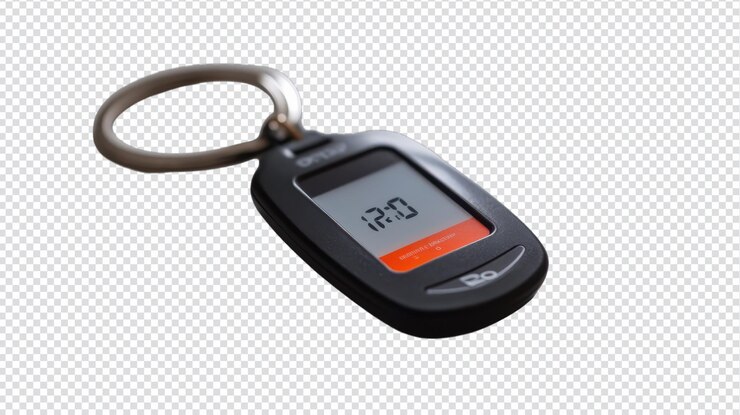 PSD detailed closeup of a plastic key fob featuring digital display technology ideal for security and access control usage