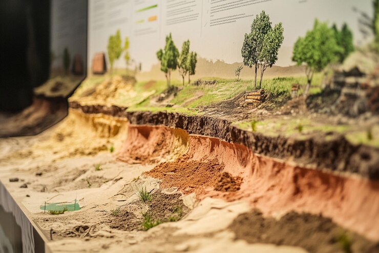PSD detailed crosssection model showcasing soil layers vegetation and archaeological features