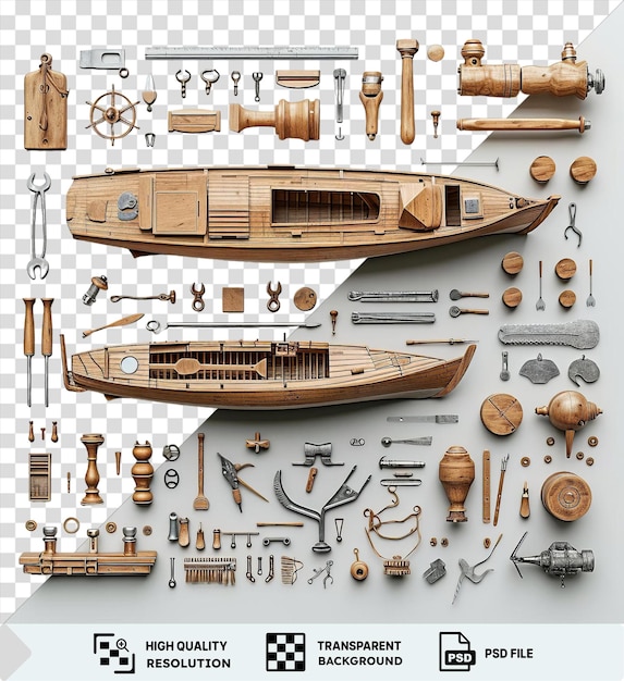 PSD Детальный деревянный модельный комплект для строительства кораблей на белом фоне для любителей