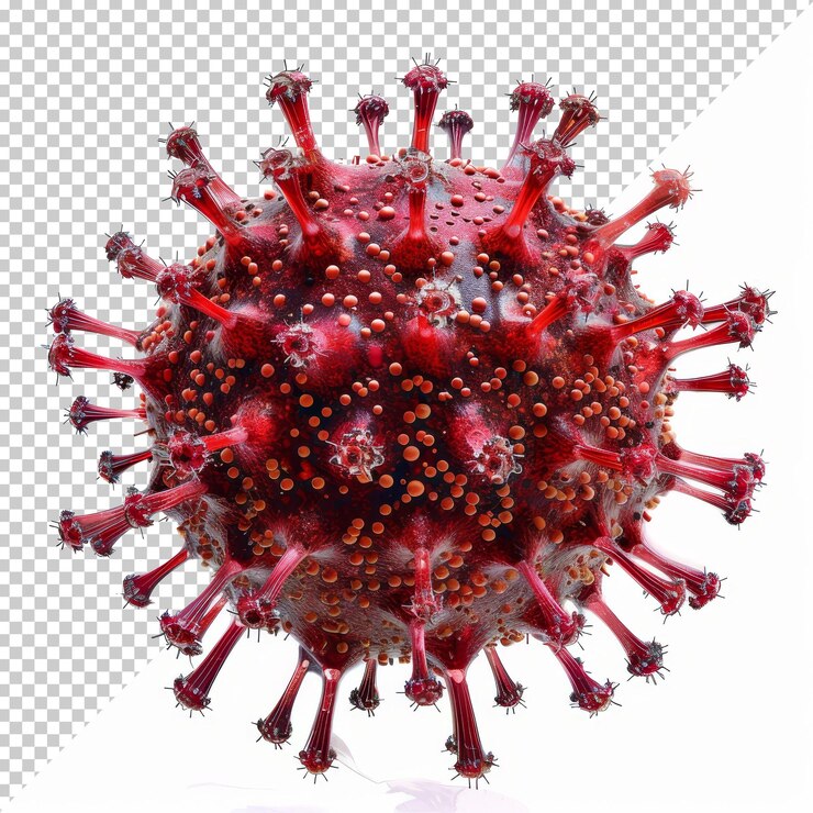 PSD detailed depiction of a virus showcasing its spiky surface and vibrant colors under microscopic view in a controlled lab environment