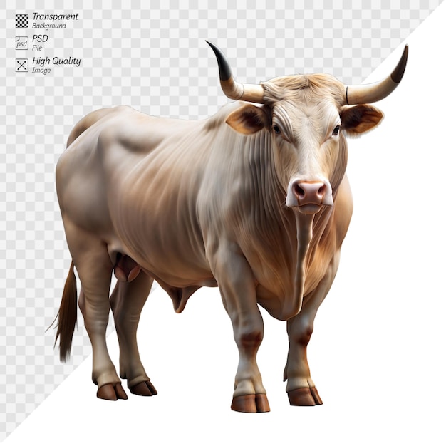 Illustrazione dettagliata di una maestosa mucca marrone su uno sfondo trasparente