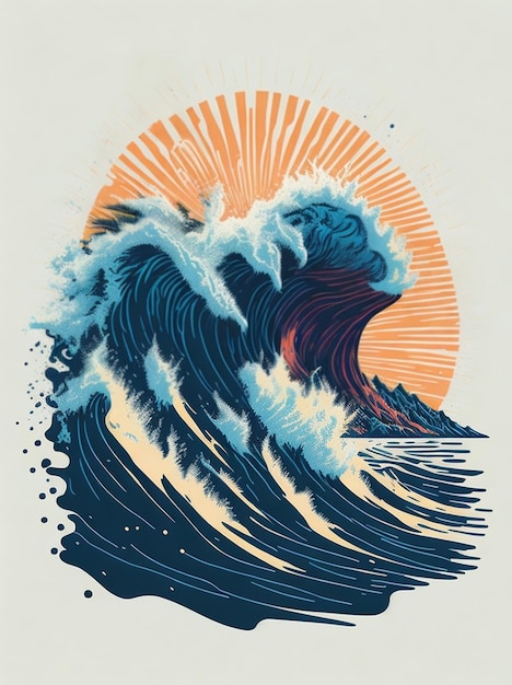 해변에서 해가 지는 자세한 그림 파란 바다 파도 낙원 해가 지는 빛 포스터 빈티지