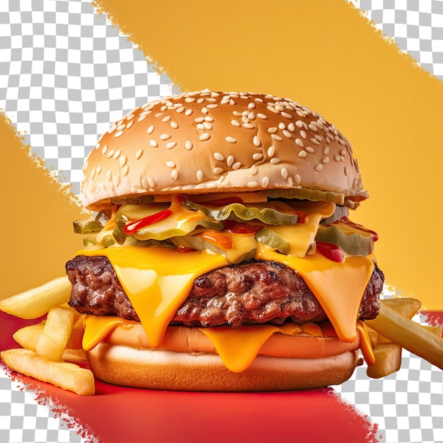 Detailed image of a cheeseburger and fries nearby