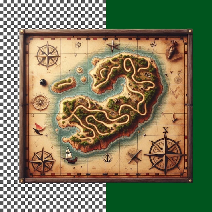 PSD detailed pirate treasure map with island ship and compass on transparent background png psd