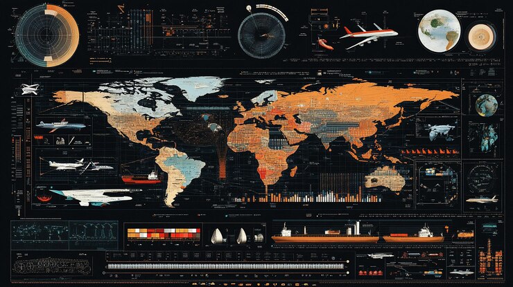 PSD detailed world map infographic with transportation environment and global data visualizations