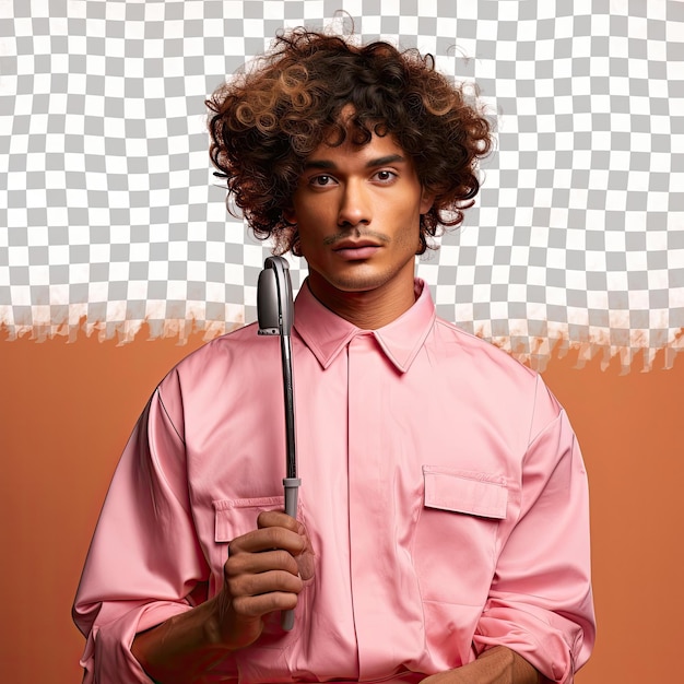 PSD a determined adult man with curly hair from the native american ethnicity dressed in cosmetologist attire poses in a hand brushing through hair style against a pastel peach background