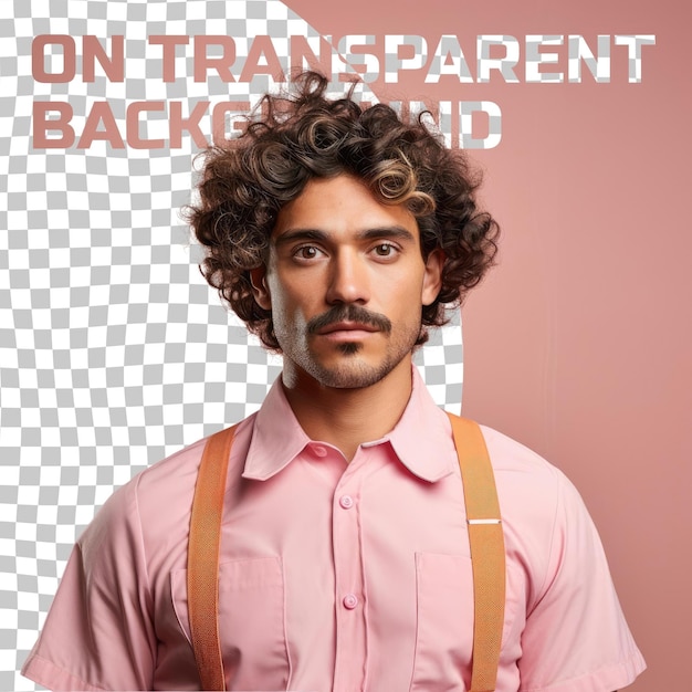 PSD a determined adult man with curly hair from the native american ethnicity dressed in cosmetologist attire poses in a hand brushing through hair style against a pastel peach background