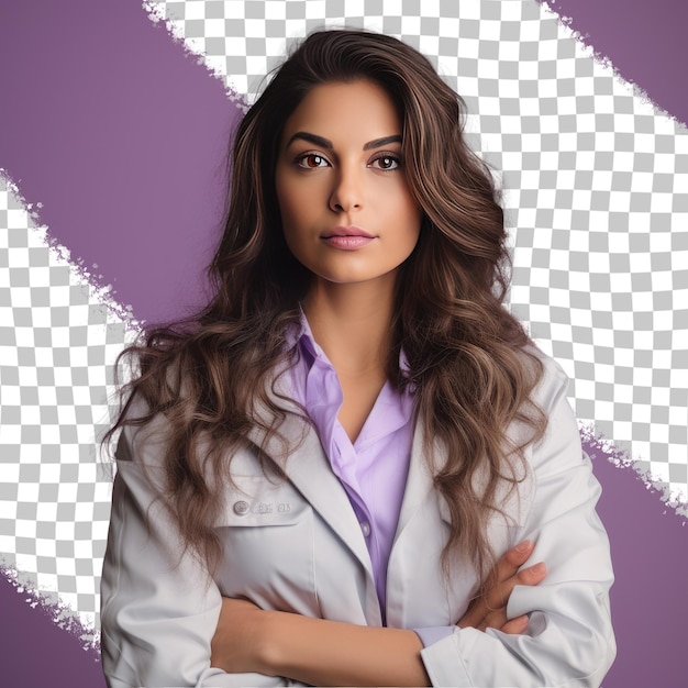 PSD a determined adult woman with long hair from the uralic ethnicity dressed in radiologist attire poses in a close up of hands style against a pastel mauve background