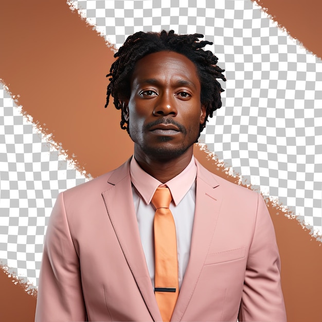 PSD determined african man middle aged wavy hair bookkeeper serious expression head tilt pastel apricot background