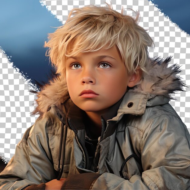 A determined child boy with blonde hair from the pacific islander ethnicity dressed in miner attire poses in a pensive look with finger on lips style against a pastel sky blue background