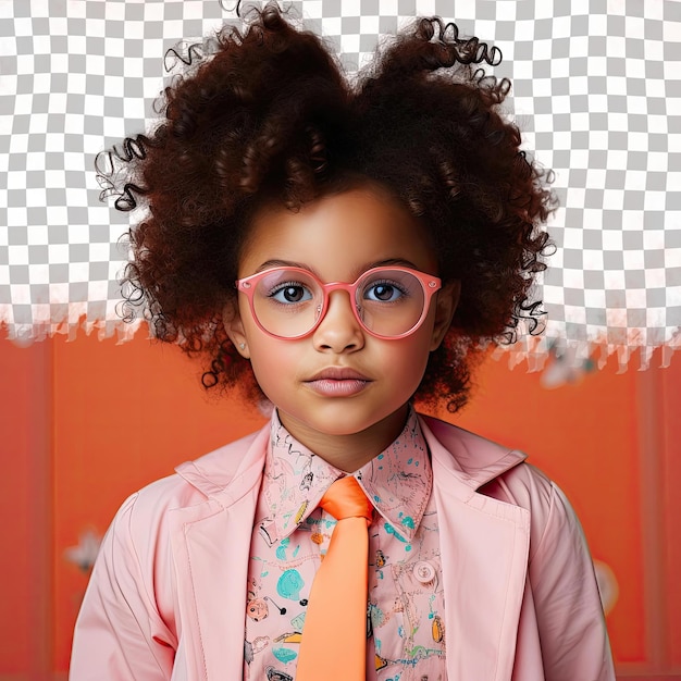 A determined child girl with kinky hair from the scandinavian ethnicity dressed in optometrist attire poses in a intense direct gaze style against a pastel coral background