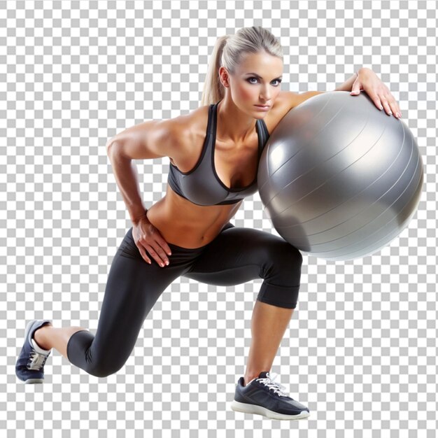 PSD determined fitness woman exercising fitness ball on transparent background