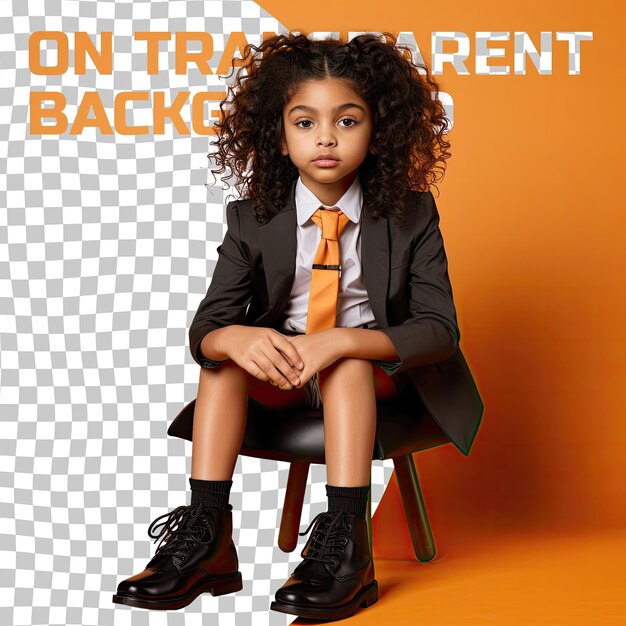 A determined mongolic child lawyer kinky curls seated pose crossed legs pastel tangerine background