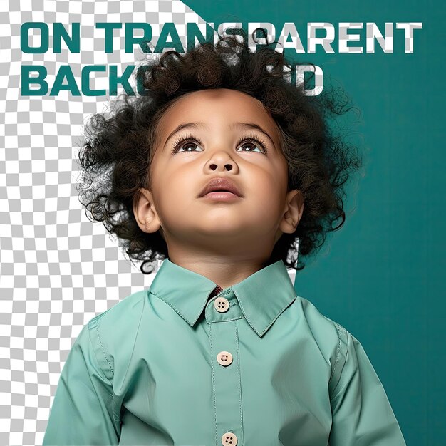 A determined preschooler boy with kinky hair from the native american ethnicity dressed in recreational therapist attire poses in a dramatic look upwards style against a pastel teal backgro