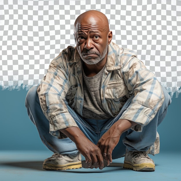 PSD a determined senior man with bald hair from the african american ethnicity dressed in roofer attire poses in a sitting cross legged on the floor style against a pastel sky blue background