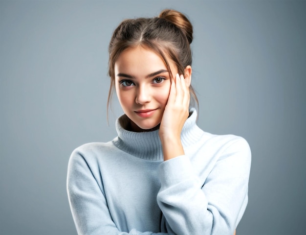 PSD determined woman in sweater looking thoughtful and pleased smiling with pensive face standing on wh