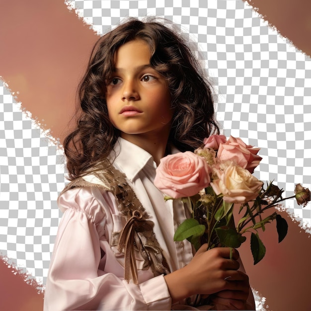 PSD determinowany chłopiec z długimi włosami z etniczności hiszpańskiej ubrany w stroje botaniczne pozuje w profilu z dramatycznym stylem oświetlenia na tle pastelowej róży