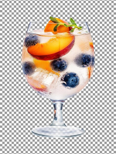 Detox water glass with blueberry and peach slices on transparent background