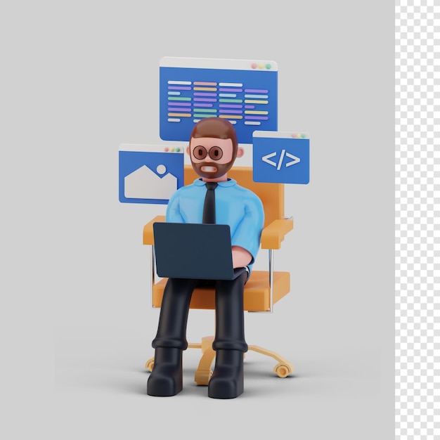 Developer character working 3d rendering