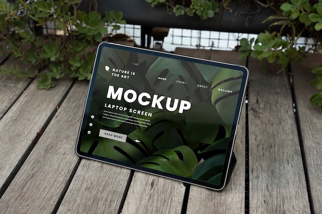 Device mockup on patio with plants