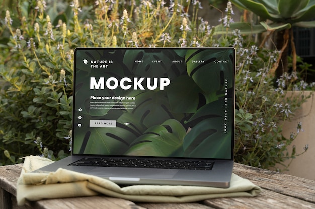 Device mockup on patio with plants