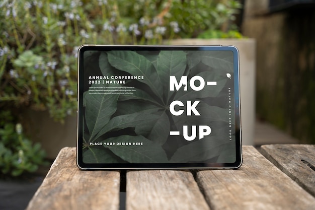 PSD mockup del dispositivo sul patio con piante